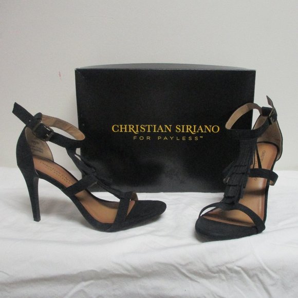 Christian Siriano Fringed Ankle Strap Statement Heels sz 8 Black Peep-Toe - Picture 2 of 9